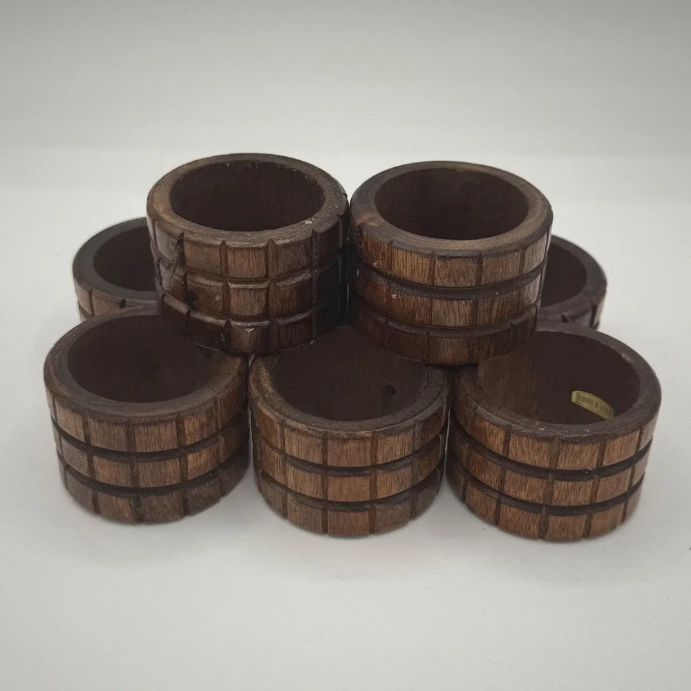 Vintage Dark Wood Napkin Rings Set of 8 Carved Grid Pattern Brown Rustic Decor